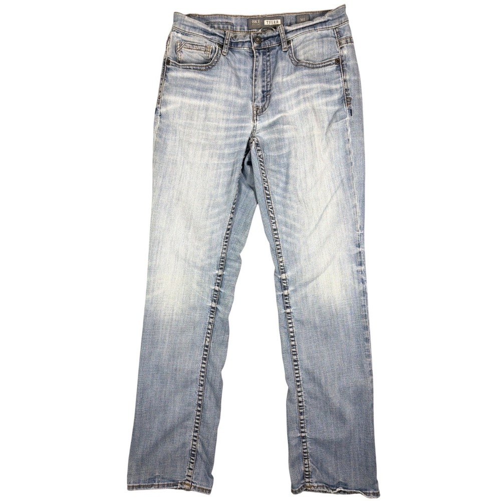 BKE Tyler Straight Leg Jeans Mens 31L Light Wash Distressed Whiskered Denim